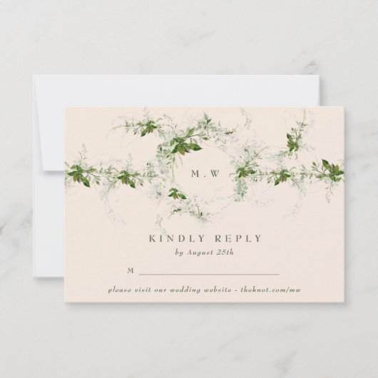 Elegante Cream Website Eucalyptus Monogram Huwelij RSVP Kaartje (Voorkant)