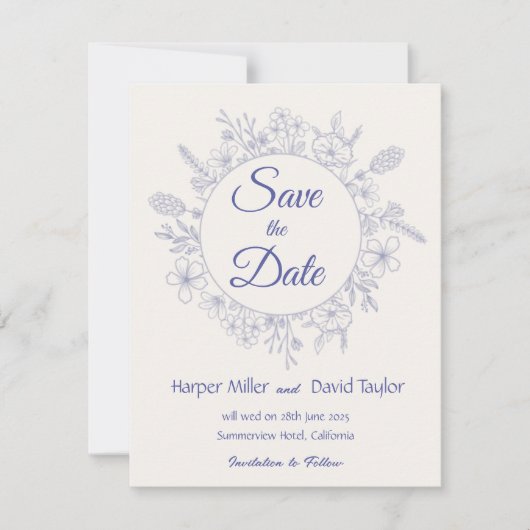 Elegante Crème & Blauwe Bloemige Save the Date (Voorkant)