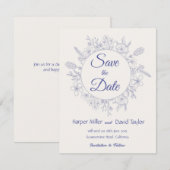 Elegante Crème & Blauwe Bloemige Save the Date (Voorkant / Achterkant)