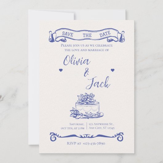 Elegante crème & blauwe bruiloft uitnodiging (Voorkant)