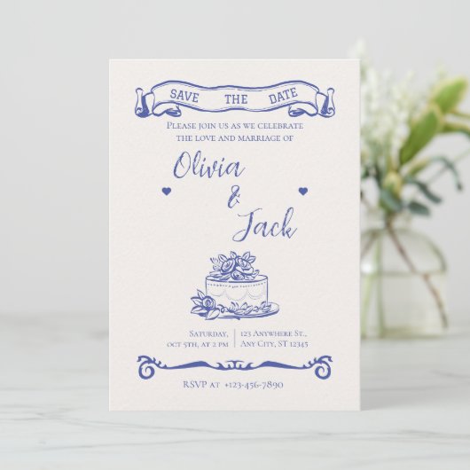 Elegante crème & blauwe bruiloft uitnodiging (Staand voorkant)