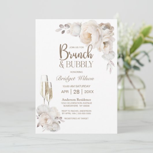 Elegante Crème Bloemen Brunch en Bubble Kaart (Staand voorkant)