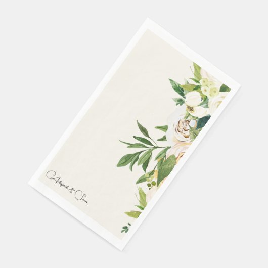 Elegante Crème Bloemen Script Namen Bruiloft Servet (Hoek)