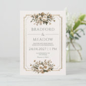 Elegante Crème Bloemen Vintage bruiloft Kaart (Staand voorkant)