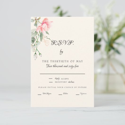 Elegante Crème Blush Bloemen Diner Script RSVP (Staand voorkant)