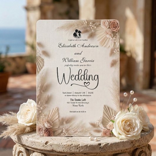 Elegante Crème Boho Roze Rustieke Trouwdag Kaart