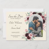 Elegante Crème en Bourgogne Bloemen Foto Bruiloft Save The Date (Voorkant)