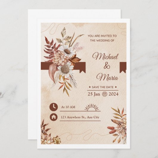 Elegante crème en bruine waterverf bruiloft uitnod kaart (Voorkant / Achterkant)