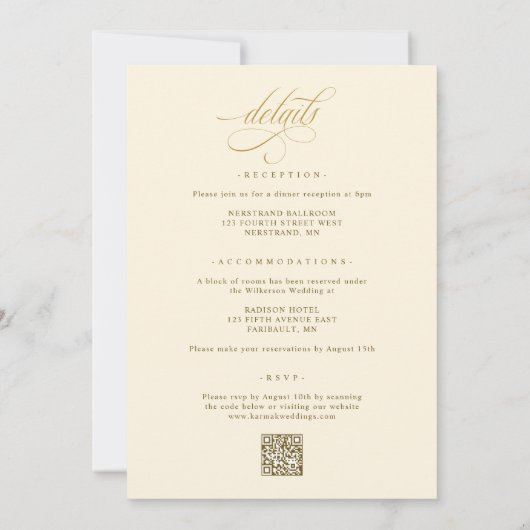 Elegante Crème en Gouden Kalligrafie Bruiloft Kaart (Achterkant)