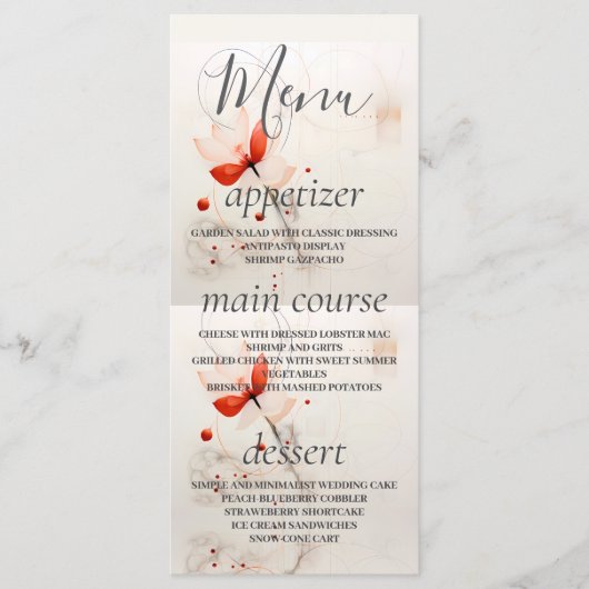 Elegante crème en rode papavers bruiloft menu (Voorkant)