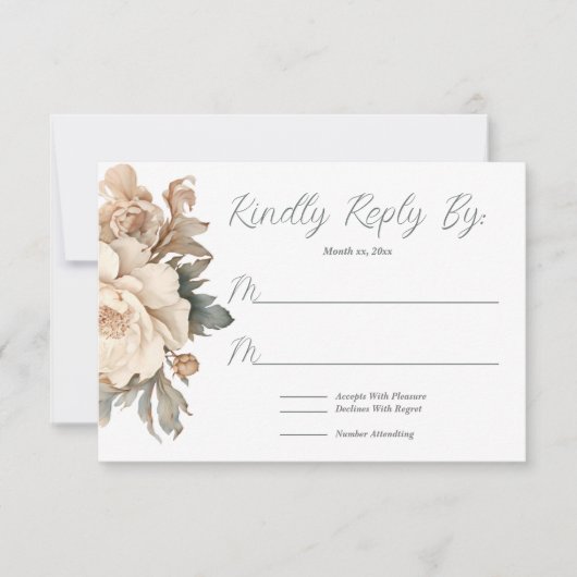 Elegante Crème en Taupe Met Groene Bloemen Bruilof RSVP Kaartje (Voorkant)