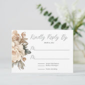 Elegante Crème en Taupe Met Groene Bloemen Bruilof RSVP Kaartje (Staand voorkant)
