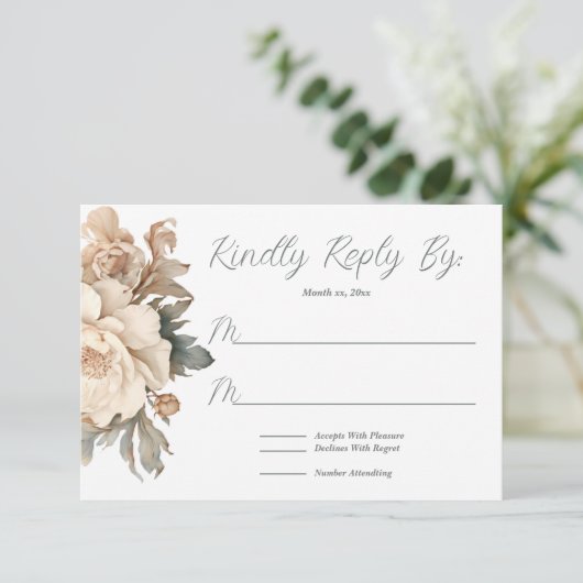 Elegante Crème en Taupe Met Groene Bloemen Bruilof RSVP Kaartje (Staand voorkant)