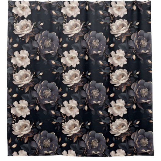 Elegante  Crème en Zwarte pioenroos Bloemen Douchegordijn (Voorkant)