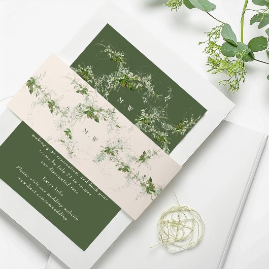 Elegante Crème Eucalyptus Krans Monogram Bruiloft Uitnodigingen Wikkel