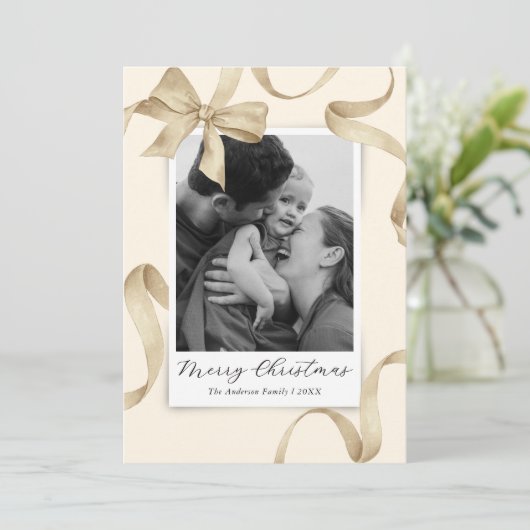 Elegante Crème Gouden Boog Foto Kerstmis Feestdagenkaart (Staand voorkant)