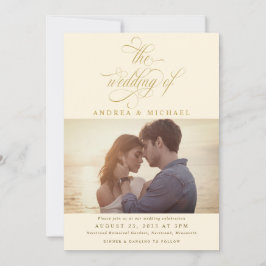 Elegante Crème Gouden Kalligrafie Foto Bruiloft Kaart