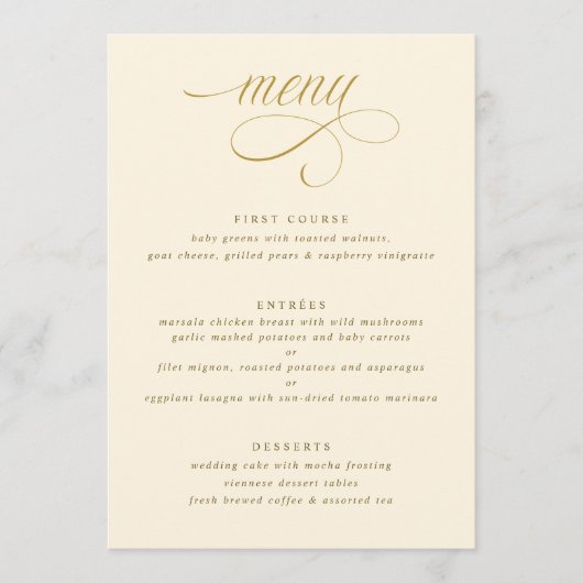 Elegante Crème Gouden Kalligrafie Luxe Bruiloft Menu (Voorkant)