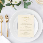 Elegante Crème Gouden Kalligrafie Luxe Bruiloft Menu<br><div class="desc">Verhoog uw huwelijkseetervaring met onze Cream and Gold Wedding Menu - een harmonieuze mix van elegantie en culinaire anticipatie. Dit menu is een meesterwerk van verfijnd ontwerp, met weelderige swirly kalligrafie die de toon zet voor een echt voortreffelijke maaltijd. Tegen een achtergrond van romige verfijning, danst de gouden zwiepende kalligrafie...</div>