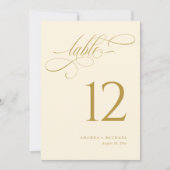 Elegante Crème Gouden Script Tafel Nummers Bruilof Kaart (Voorkant)
