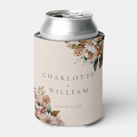 Elegante Crème Herfst Waterverf Bloemen Bruiloft Blikjeskoeler (Blikje Voorkant)
