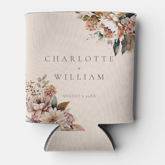 Elegante Crème Herfst Waterverf Bloemen Bruiloft Blikjeskoeler (Voorkant)