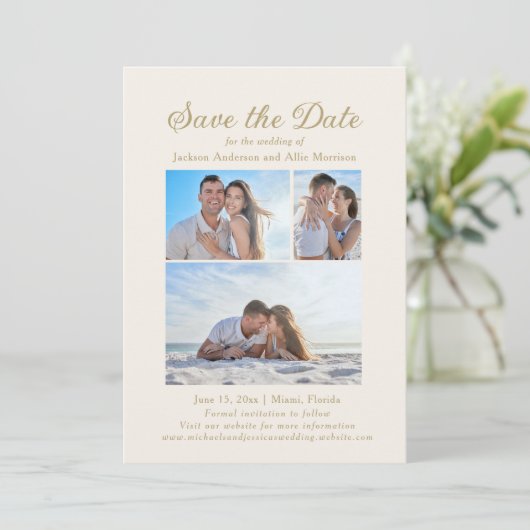 Elegante Crème Kleurige 4 Foto's 2 Zijdige Trouwka Save The Date (Staand voorkant)