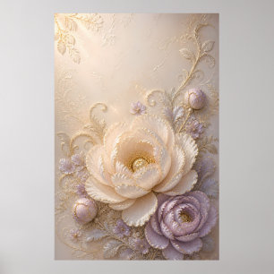Elegante Crème Lavendel Geborduurd Bloemmotief Kun Poster