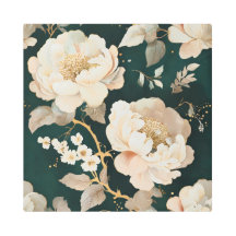 Elegante Crème Peony Metal Wall Art – Donkergroen