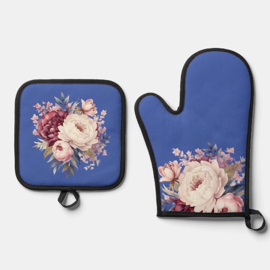 Elegante crème pioenrozen, blauw ovenwant & pannenlap set (Voorkant)