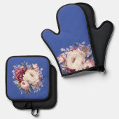 Elegante crème pioenrozen, blauw ovenwant & pannenlap set (Voorkant / Achterkant)