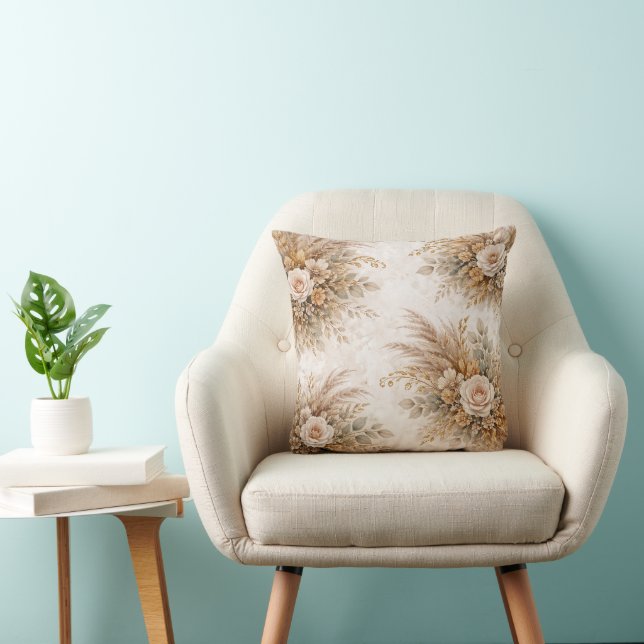 Elegante Crème Roos Boho Botanische Boeket Kussen (Stoel)