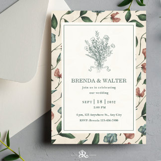 Elegante Crème Rustieke Wilde Bloemenschets Trouw Kaart