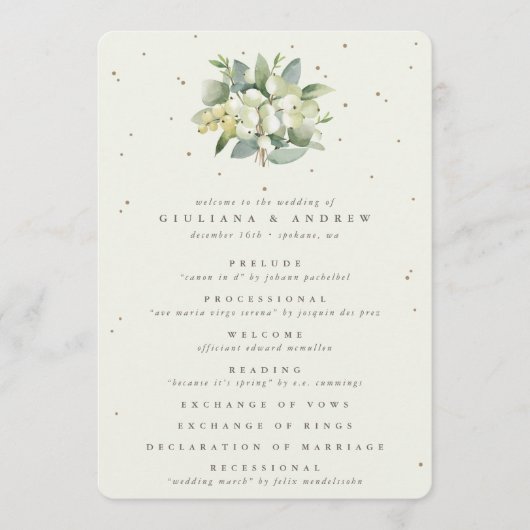 Elegante Crème Snowberry+Eucalyptus Boeket Bruilof Programmakaart (Voorkant)