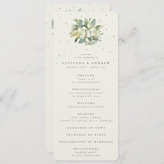 Elegante Crème Snowberry+Eucalyptus Boeket Bruilof Programmakaart (Voorkant / Achterkant)