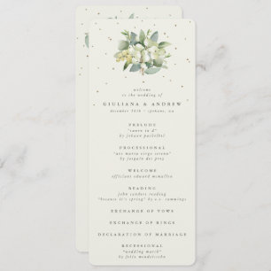 Elegante Crème Snowberry+Eucalyptus Boeket Bruilof Programmakaart