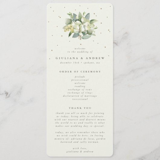 Elegante Crème Snowberry+Eucalyptus Boeket Bruilof Programmakaart (Voorkant)