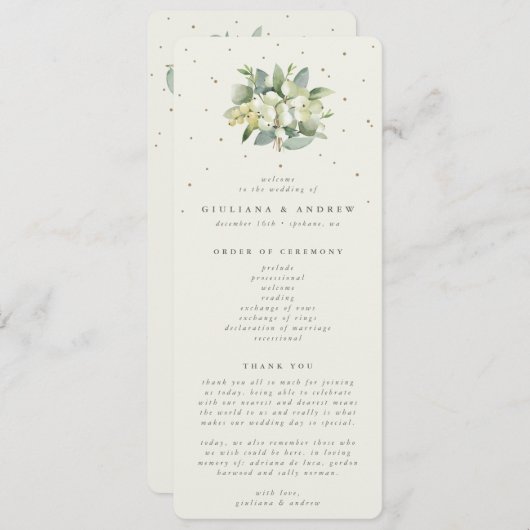 Elegante Crème Snowberry+Eucalyptus Boeket Bruilof Programmakaart (Voorkant / Achterkant)