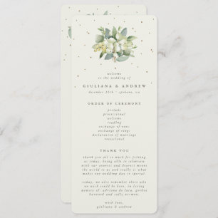 Elegante Crème Snowberry+Eucalyptus Boeket Bruilof Programmakaart