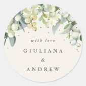 Elegante Crème Snowberry+Eucalyptus Bruiloft Ronde Sticker (Voorkant)