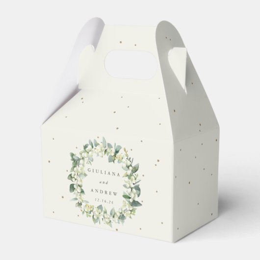 Elegante Crème Snowberry+Eucalyptus Krans Bruiloft Bedankdoosjes (Voorkant Zijde)