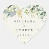 Elegante Crème Snowberry+Eucalyptus Krans Bruiloft Hart Sticker (Voorkant)