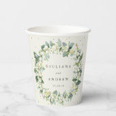 Elegante Crème Snowberry+Eucalyptus Krans Bruiloft Papieren Bekers (Achterkant)
