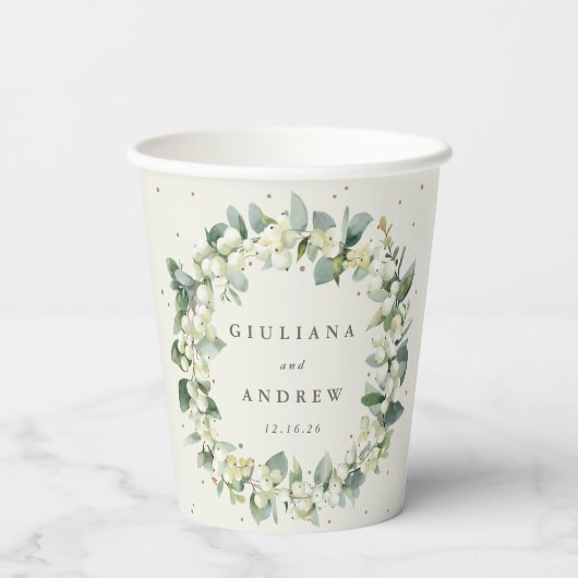 Elegante Crème Snowberry+Eucalyptus Krans Bruiloft Papieren Bekers (Achterkant)
