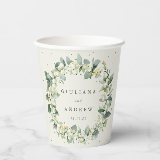 Elegante Crème Snowberry+Eucalyptus Krans Bruiloft Papieren Bekers (Voorkant)