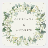 Elegante Crème Snowberry+Eucalyptus Krans Bruiloft Vierkante Sticker (Voorkant)