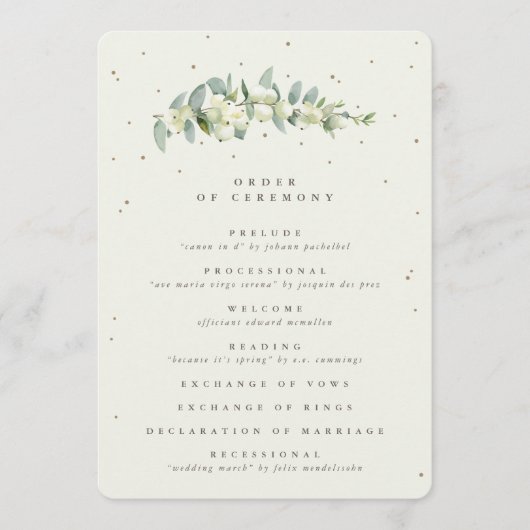 Elegante Crème Snowberry + Eucalyptus Stem Bruilof Programmakaart (Voorkant)