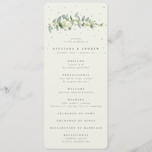 Elegante Crème Snowberry + Eucalyptus Stem Bruilof Programmakaart (Voorkant)
