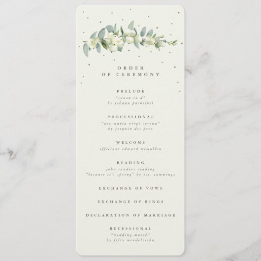 Elegante Crème Snowberry + Eucalyptus Stem Bruilof Programmakaart (Voorkant)