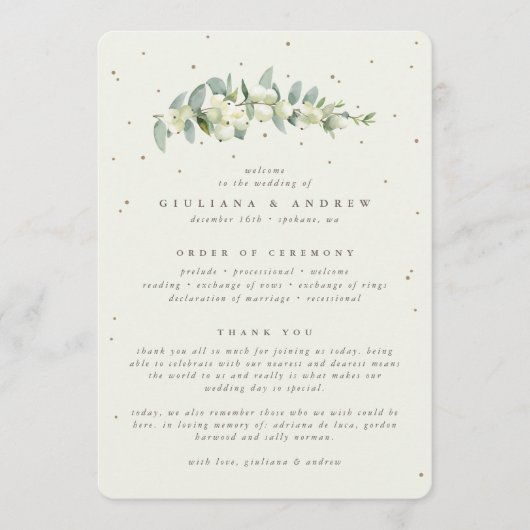 Elegante Crème Snowberry + Eucalyptus Stem Bruilof Programmakaart (Voorkant)